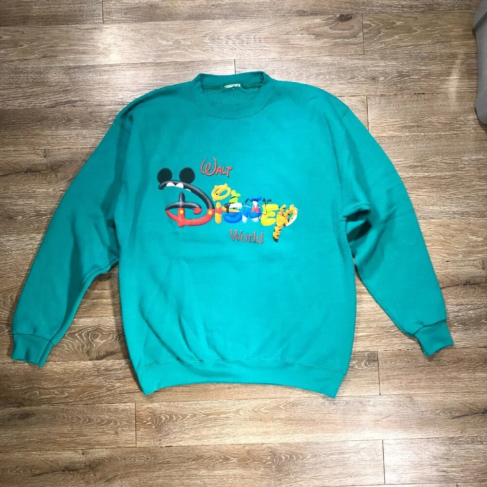 Vintage 90’s Large Walt Disney World Crewneck Teal Blue Green Sweatshirt Logo - Picture 2 of 5